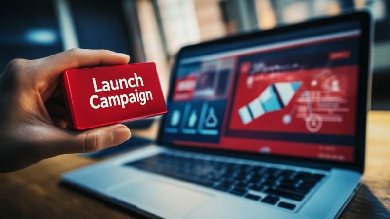 Imagem com o botão escrito "lançar campanha" e um notebook de fundo com um dashboard aberto