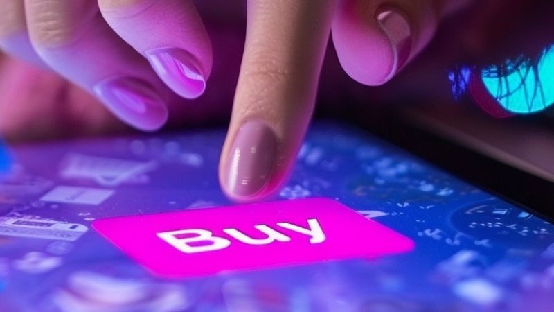 Imagem de um botão de compra e um dedo feminino clicando.