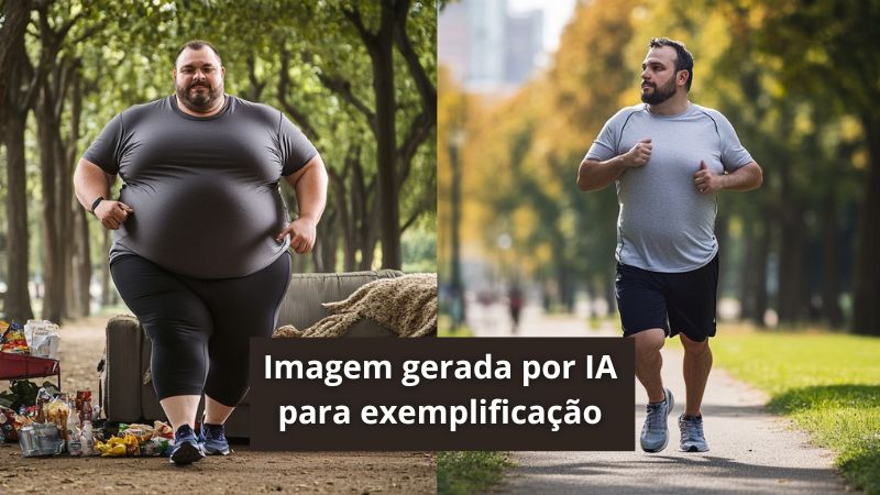 Imagem gerada por inteligência artificial para exemplificar o tópico. De um lado uma pessoa acima do peso, e de outro, uma pessoa magra.